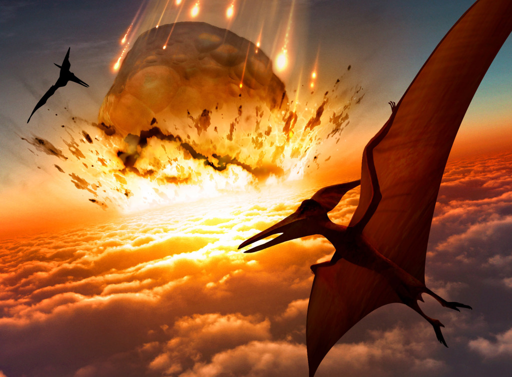 Flying reptiles and asteroid, artwork