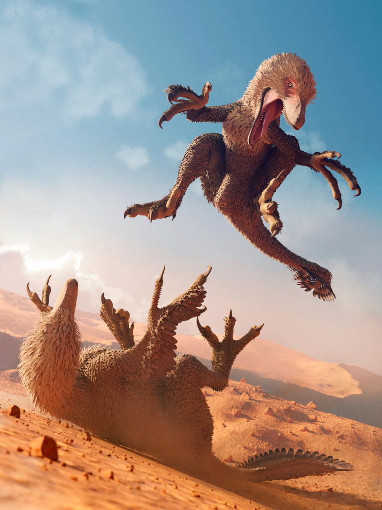 Artwork of raptor dinosaurs fighting