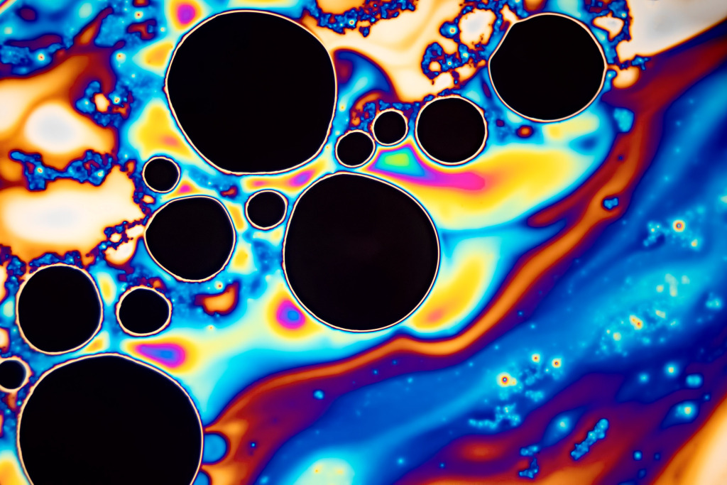 Soap bubble film iridescence, light micrograph