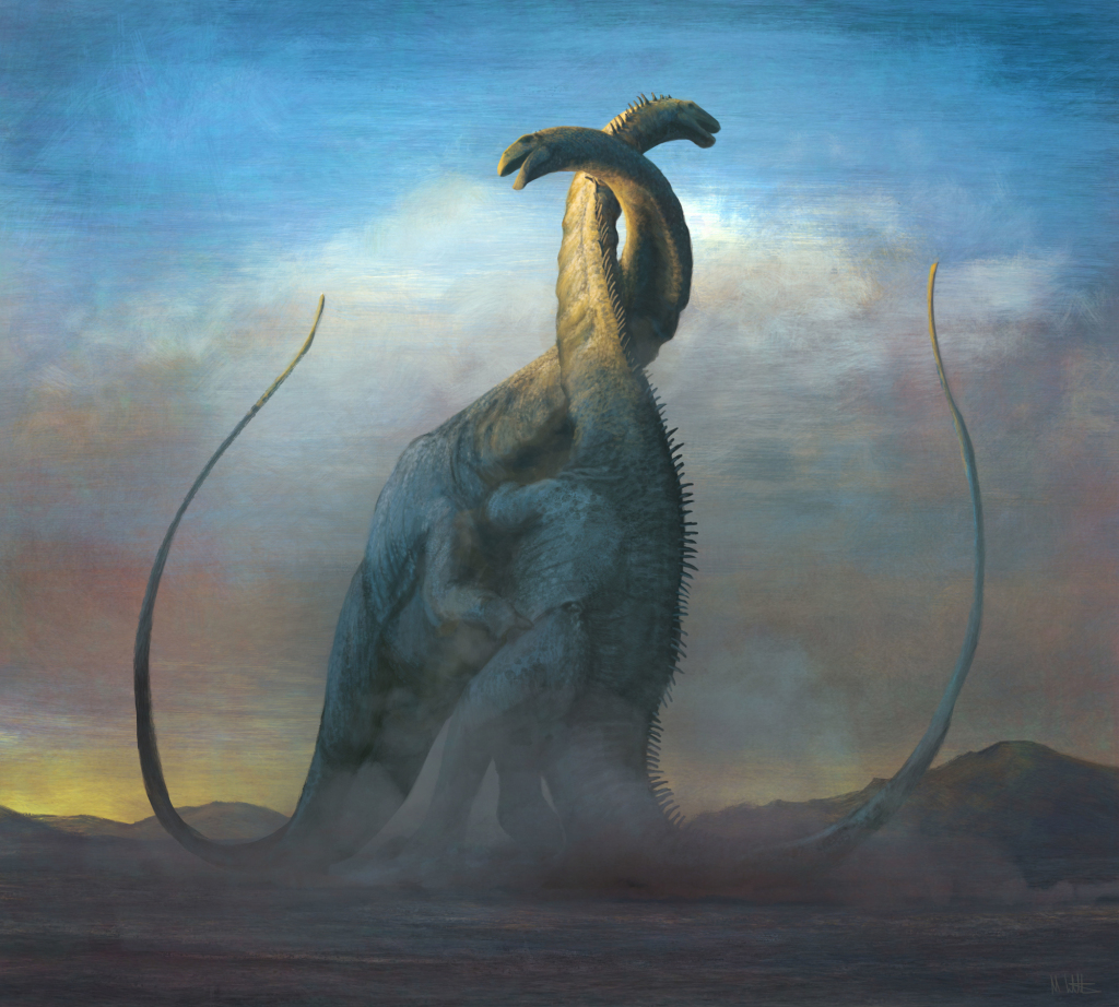 Brontosaurus dinosaurs fighting, illustration