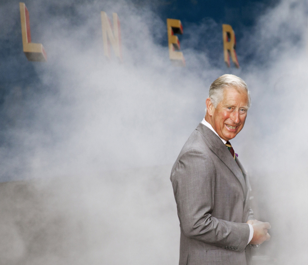 King Charles, then Prince of Wales, visiting the National Railway Museum, York, 2013 King Charles, then Prince of Wales, standing smiling in front of train at visit to the National Railway Museum, York, 2013