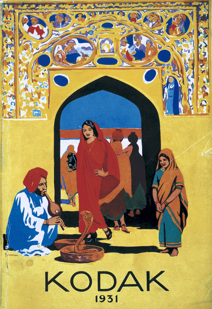 Brochure promoting use of Kodak cameras in India, 1931 Illustrated 1930s poster showing a woman in a sari is carrying a camera and watching a snake charmer, while a small girl stands nearby.